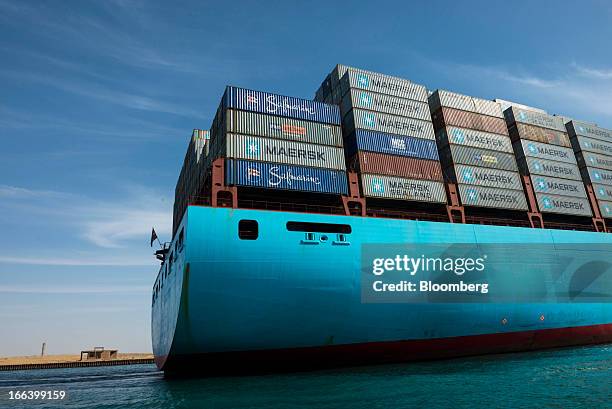 The Ebba Maersk container ship, operated by A.P. Moeller-Maersk A/S, leaves Suez port and heads towards the Red Sea after passing through the Suez...