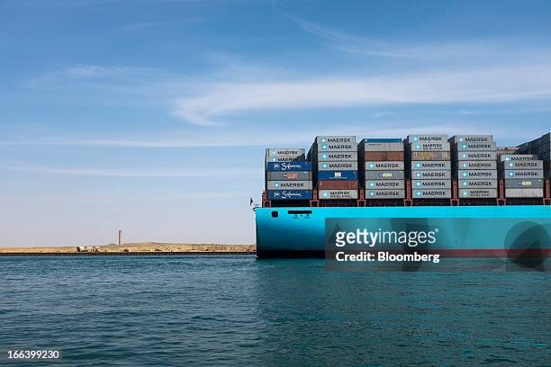 The Ebba Maersk container ship, operated by A.P. Moeller-Maersk A/S, arrives at Suez port after passing southbound though the Suez Canal in Suez,...