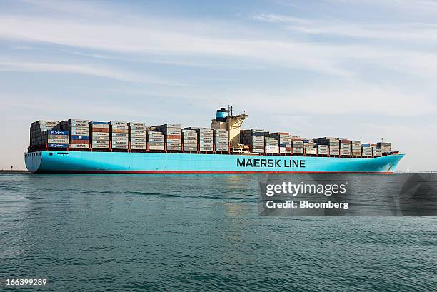 The Ebba Maersk container ship, operated by A.P. Moeller-Maersk A/S, leaves Suez port and heads towards the Red Sea after passing through the Suez...