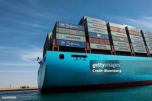 The Ebba Maersk container ship, operated by A.P. Moeller-Maersk A/S, leaves Suez port and heads towards the Red Sea after passing through the Suez...