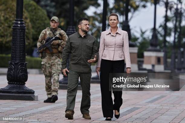 President of Ukraine Volodymyr Zelenskyi walks with Prime Minister of Denmark Mette Frederiksen before a press conference on September 6, 2023 in...
