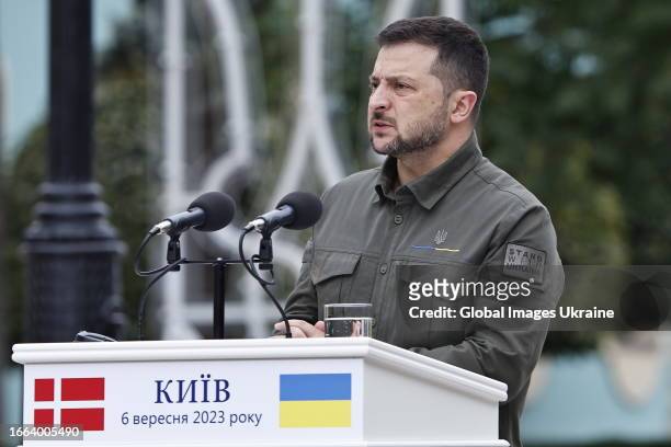 President of Ukraine Volodymyr Zelenskyi speaks during a joint press conference with Prime Minister of Denmark Mette Frederiksen on September 6, 2023...