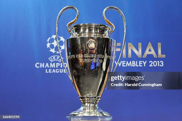 The UEFA Champions League trophy is displayed during the UEFA Champions League semi-final and final draws at the UEFA headquarters on April 12, 2013...