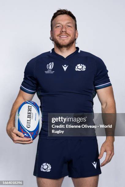 Hamish Watson of Scotland poses for a portrait during the Scotland Rugby World Cup 2023 Squad photocall on September 03, 2023 in Cannes, France.