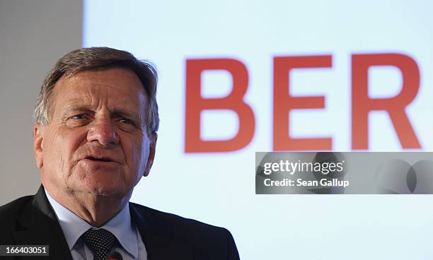 Hartmut Mehdorn, head of the management board of Berlin's new Willy Brandt Berlin Brandenburg International Airport, speaks to the media following a...