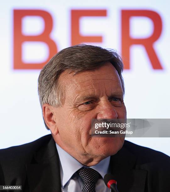 Hartmut Mehdorn, head of the management board of Berlin's new Willy Brandt Berlin Brandenburg International Airport, speaks to the media following a...