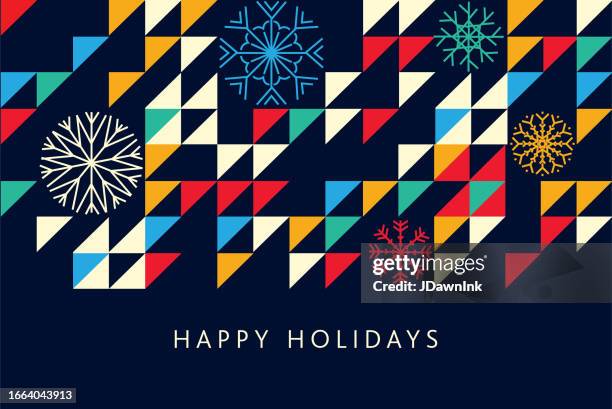 happy holidays greeting abstract geometric mosaic greeting card flat design template with snowflakes - happy holidays stock illustrations