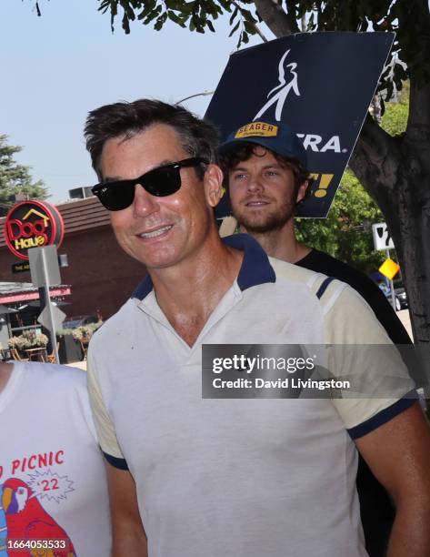 Jerry O'Connell and Jack Quaid join the picket line outside Warner Bros. Studios on September 6, 2023 in Burbank, California. Members of SAG-AFTRA...