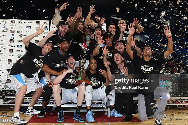 The Breakers celebrate winning the NBL Championship after game two of the NBL Grand Final series between the Perth Wildcats and the New Zealand...