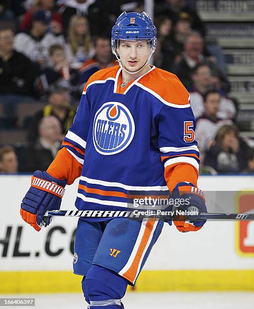 Ladislav Smid of the Edmonton Oilers skates Against the Phoenix Coyotes at Rexall Place on April 10, 2013 in Edmonton, Alberta, Canada.