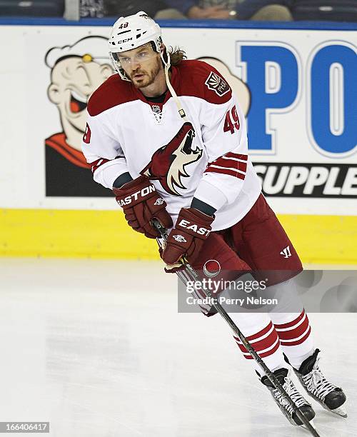 Alexandre Bolduc of the Phoenix Coyotes skates against the Edmonton Oilers at Rexall Place on April 10, 2013 in Edmonton, Alberta, Canada.