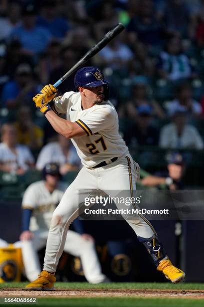 Willy Adames of the Milwaukee Brewers bats in the 10th inning against the Minnesota Twins at American Family Field on August 23, 2023 in Milwaukee,...