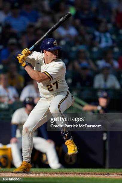 Willy Adames of the Milwaukee Brewers bats in the 10th inning against the Minnesota Twins at American Family Field on August 23, 2023 in Milwaukee,...