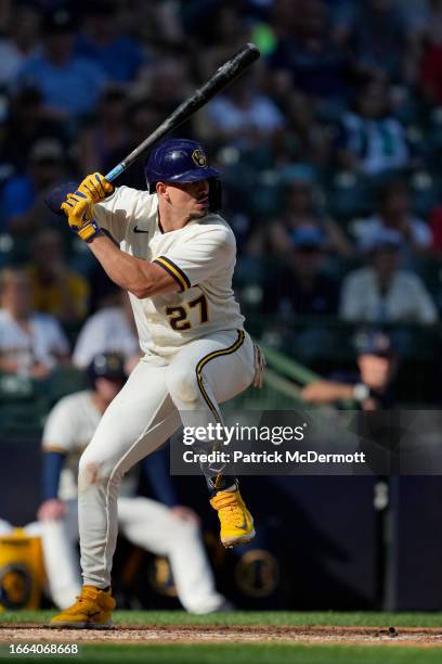 Willy Adames of the Milwaukee Brewers bats in the 10th inning against the Minnesota Twins at American Family Field on August 23, 2023 in Milwaukee,...