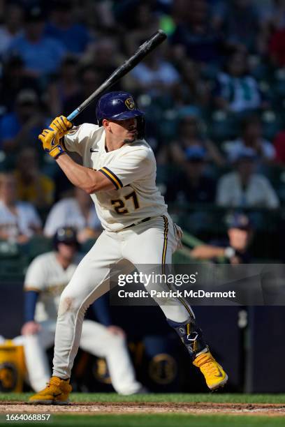 Willy Adames of the Milwaukee Brewers bats in the 10th inning against the Minnesota Twins at American Family Field on August 23, 2023 in Milwaukee,...