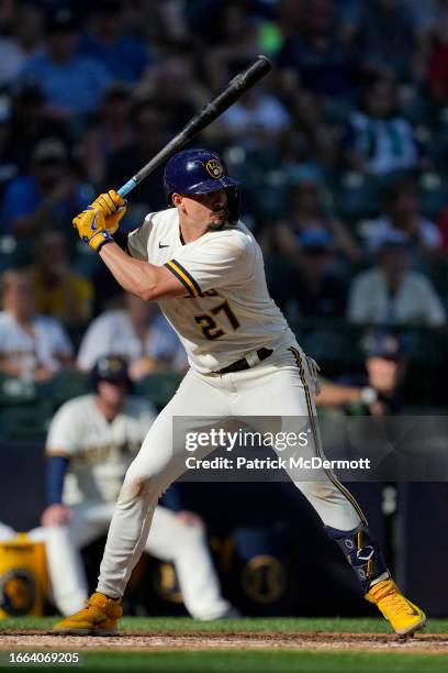 Willy Adames of the Milwaukee Brewers bats in the 10th inning against the Minnesota Twins at American Family Field on August 23, 2023 in Milwaukee,...