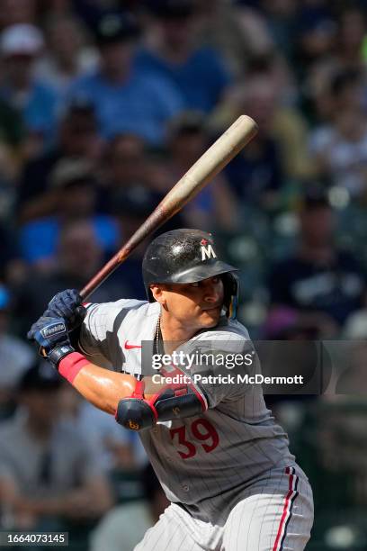 Donovan Solano of the Minnesota Twins bats in the ninth inning against the Milwaukee Brewers at American Family Field on August 23, 2023 in...