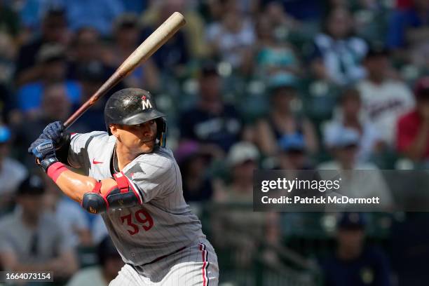 Donovan Solano of the Minnesota Twins bats in the ninth inning against the Milwaukee Brewers at American Family Field on August 23, 2023 in...