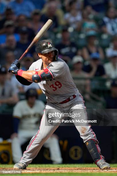 Donovan Solano of the Minnesota Twins bats in the ninth inning against the Milwaukee Brewers at American Family Field on August 23, 2023 in...