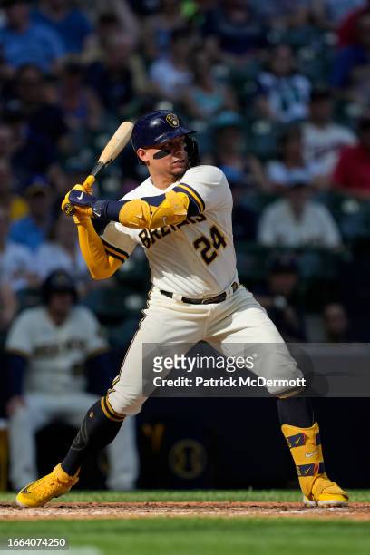 William Contreras of the Milwaukee Brewers grounds out to shortstop in the ninth inning against the Minnesota Twins at American Family Field on...