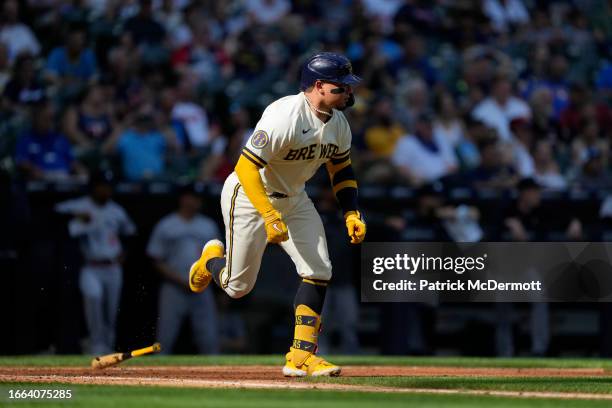 William Contreras of the Milwaukee Brewers grounds out to shortstop in the ninth inning against the Minnesota Twins at American Family Field on...