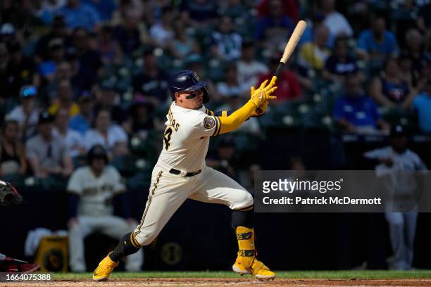 William Contreras of the Milwaukee Brewers grounds out to shortstop in the ninth inning against the Minnesota Twins at American Family Field on...
