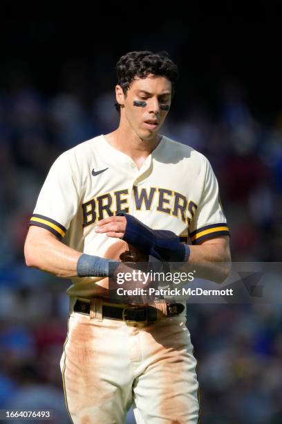 Christian Yelich of the Milwaukee Brewers looks on after the ninth inning against the Minnesota Twins at American Family Field on August 23, 2023 in...