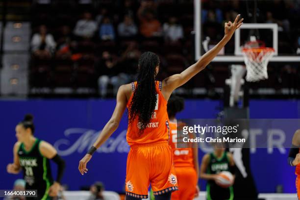 DeWanna Bonner of the Connecticut Sun reacts during the game against the Minnesota Lynx during round one game one of the 2023 WNBA Playoffs on...