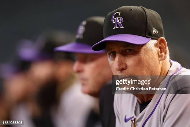 Manager Bud Black of the Colorado Rockies watches from the dugout during the first inning of the MLB game against the Arizona Diamondbacks at Chase...