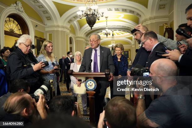 Senate Majority Leader Chuck Schumer speaks during a news conference following a closed-door lunch meeting with Senate Democrats at the U.S. Capitol...