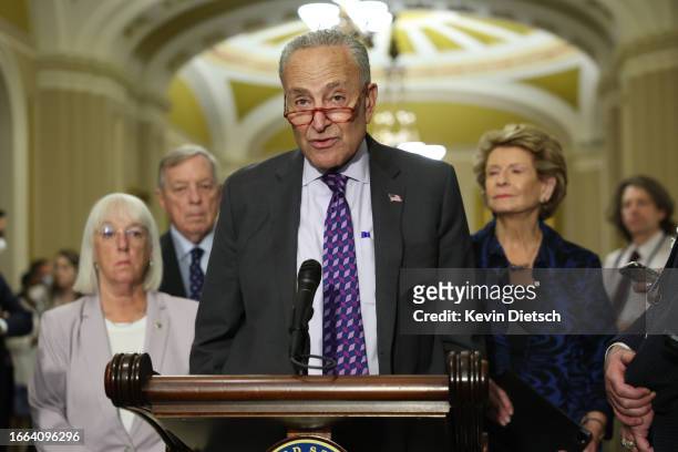 Senate Majority Leader Chuck Schumer speaks during a news conference following a closed-door lunch meeting with Senate Democrats at the U.S. Capitol...