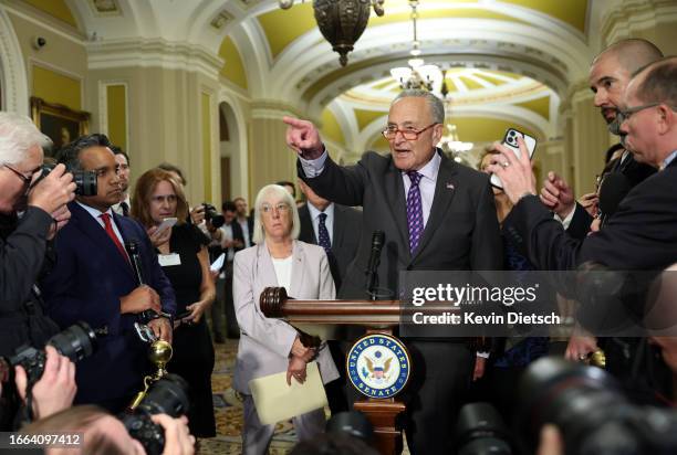 Senate Majority Leader Chuck Schumer speaks during a news conference following a closed-door lunch meeting with Senate Democrats at the U.S. Capitol...