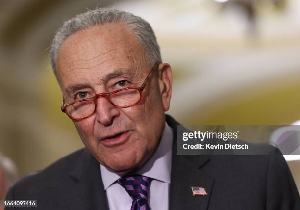 Senate Majority Leader Chuck Schumer speaks during a news conference following a closed-door lunch meeting with Senate Democrats at the U.S. Capitol...