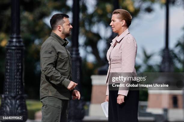 President of Ukraine Volodymyr Zelenskyi walks with Prime Minister of Denmark Mette Frederiksen before a press conference on September 6, 2023 in...