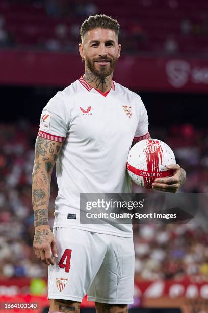 Sergio Ramos poses for the media as he is unveiled as new Sevilla FC player at Estadio Ramon Sanchez Pizjuan on September 06, 2023 in Seville, Spain.