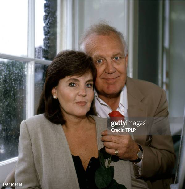 Portrait of English actors Pauline Collins & Joss Ackland as they pose on the set of an episode of 'Tales of the Unexpected,' London, England, August...