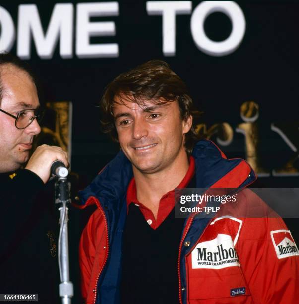 View of French Formula One racing driver Rene Arnoux as he is interviewed at Brands Hatch track, West Kingsdown, England, September 22, 1983.