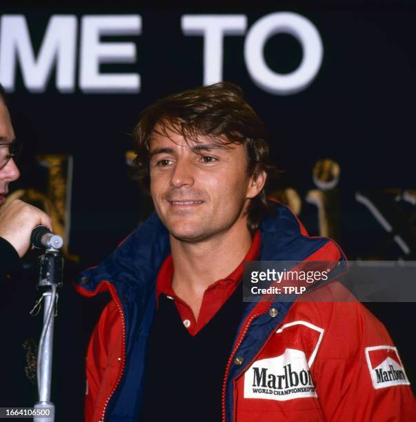 View of French Formula One racing driver Rene Arnoux as he is interviewed at Brands Hatch track, West Kingsdown, England, September 22, 1983.