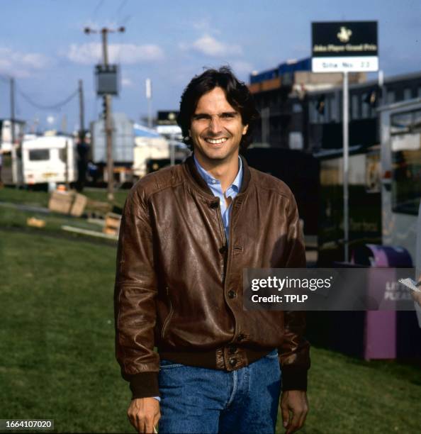 Portrait of Brazilian Formula One racing driver Nelson Piquet as he poses at Brands Hatch track, West Kingsdown, England, September 22, 1983.