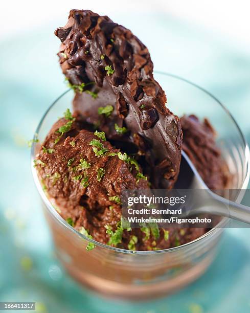 Figaro ID: 106545-003. Chef Alain Ducasse and pastry chef Nicolas Berger's chocolate mousse and lime is photographed for Madame Figaro on March 1,...