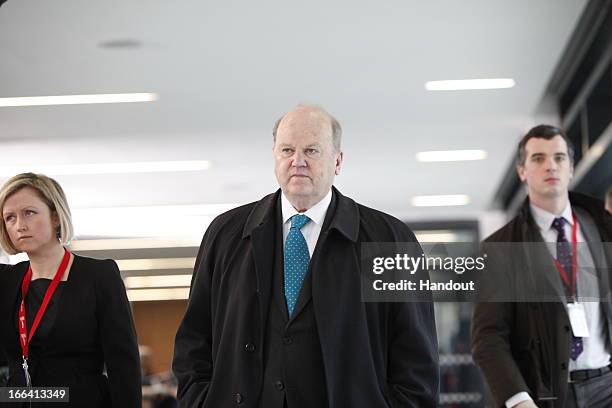 In this handout photo provided by the Dept of the Taoiseach, Michael Noonan, Minister for Finance of Ireland arrives for an informal meeting of...