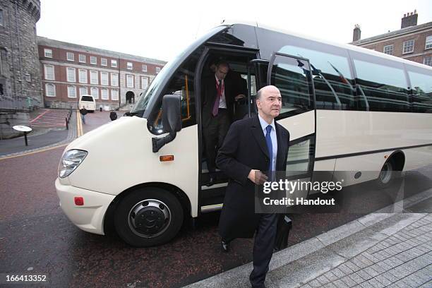 In this handout photo provided by the Dept of the Taoiseach, Pierre Moscovici, Minister for the Economy and Finance of France arrives for an informal...