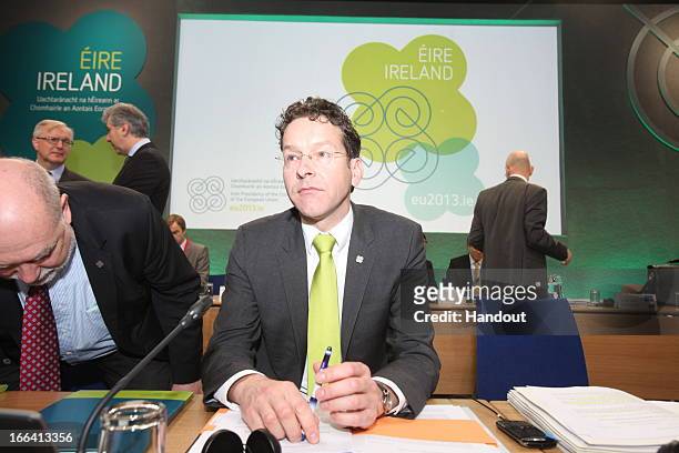 In this handout photo provided by the Dept of the Taoiseach, Jeroen Dijsselbloem, President of Eurogroup takes his seat at an informal meeting of...