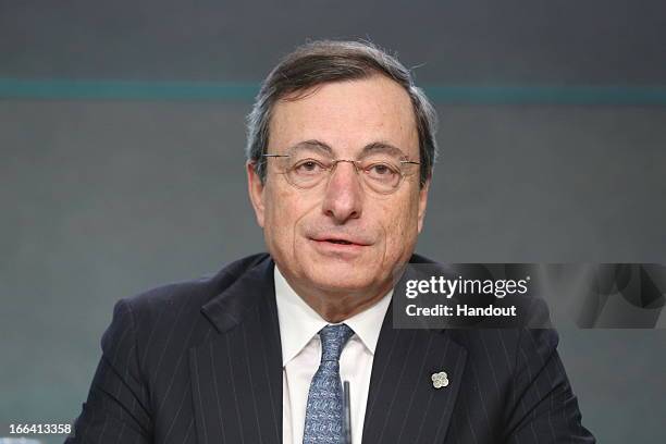 Mario Draghi, President ECB, speaks at a press conference following the Eurogroup meeting of ECOFIN Ministers, at Dublin Castle on April 12, 2013 in...