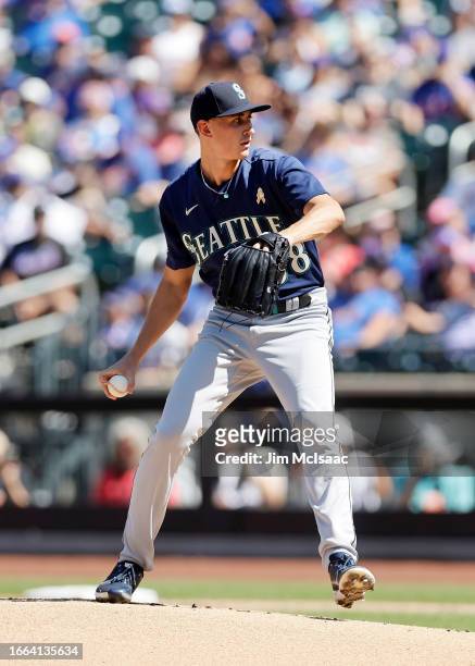 George Kirby of the Seattle Mariners in action against the New York Mets at Citi Field on September 03, 2023 in New York City. The Mets defeated the...
