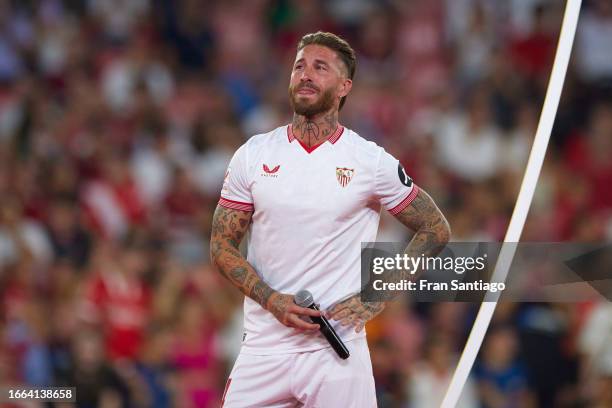 Sergio Ramos reacts as he is unveiled as new Sevilla FC player at Estadio Ramon Sanchez Pizjuan on September 06, 2023 in Seville, Spain.