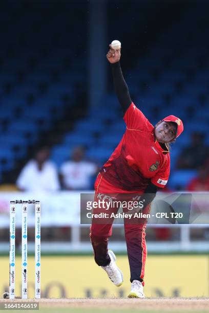 Anisa Mohammed of Trinbago Knight Riders bowls during the Massy Women's Caribbean Premier League match between Trinbago Knight Riders and Barbados...