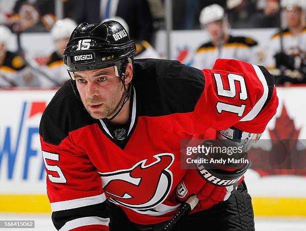 Steve Sullivan of the New Jersey Devils looks on against the Boston Bruins during the game at the Prudential Center on April 10, 2013 in Newark, New...