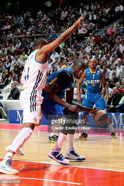 Shawn James, #5 of Maccabi Electra Tel Aviv in action during the Turkish Airlines Euroleague 2012-2013 Play Offs game 2 between Real Madrid v Maccabi...