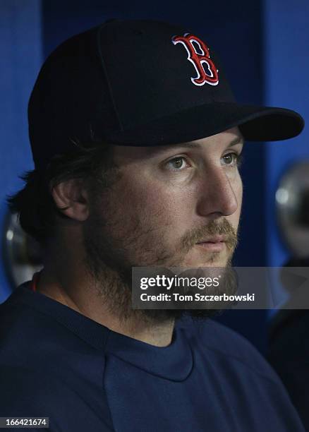 Joel Hanrahan of the Boston Red Sox looks on from the dugout during MLB game action against the Toronto Blue Jays on April 6, 2013 at Rogers Centre...